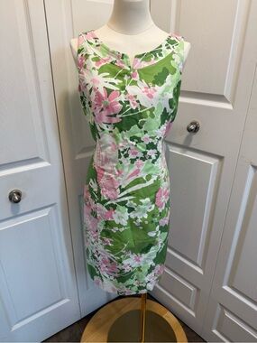 Talbots Green and Pink Floral Midi Sheath Dress